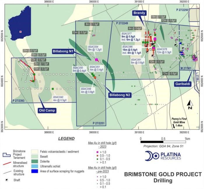 BRIMSTONE GOLD PROJECT DRILLING HIGHLIGHTING HISTORICAL DRILLING SITES, POTENTIAL ZONES, AND SOIL SAMPLING LOCATIONS.