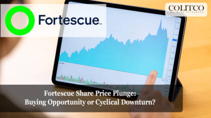 Fortescue Metals Group logo with a declining stock chart, representing the plunge in FMG's share price and the debate over whether it's a buying opportunity or a cyclical downturn