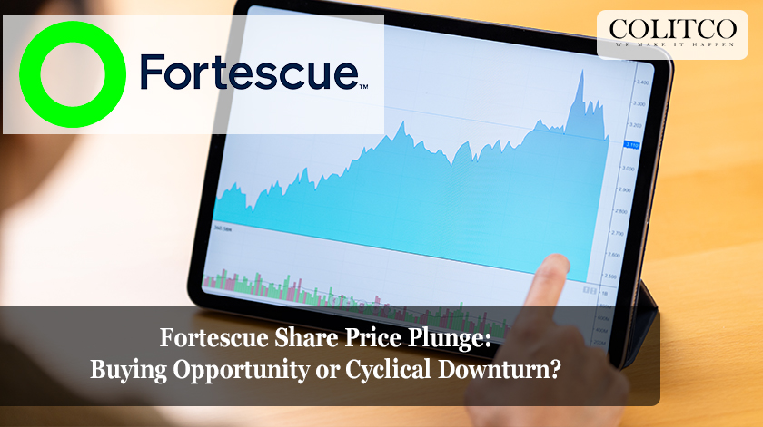 Fortescue Metals Group logo with a declining stock chart, representing the plunge in FMG's share price and the debate over whether it's a buying opportunity or a cyclical downturn