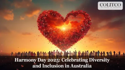 Harmony Day 2025 celebration showcasing diverse cultures in Australia with people wearing traditional attire and participating in cultural activities.