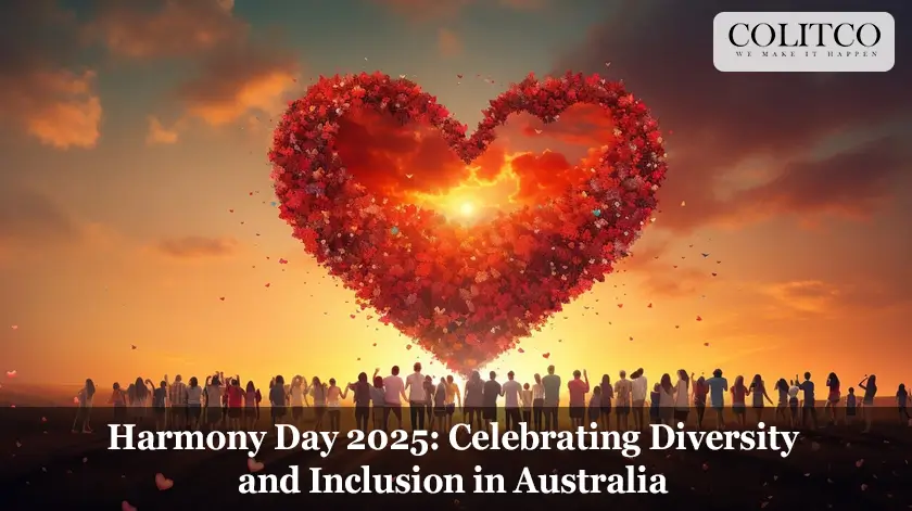 Harmony Day 2025 celebration showcasing diverse cultures in Australia with people wearing traditional attire and participating in cultural activities.