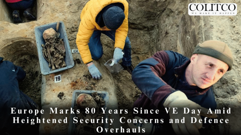 Two archaeologists wearing jackets and gloves excavate human remains from graves in a sandy site. Text overlay: “Europe Marks 80 Years Since VE Day Amid Heightened Security Concerns and Defence Overhauls.”.