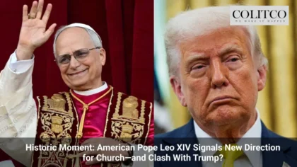 Split-image: On the left, a man dressed as the Pope waves and smiles; on the right, a serious-looking man in a suit stands against a blue background. Text below discusses a clash between Pope Leo XIV and Trump.