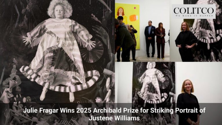 A collage featuring Julie Fragar’s black-and-white portrait of Justene Williams, Julie standing next to the artwork in a gallery, and a group of people viewing the painting. Text announces her 2025 Archibald Prize win.