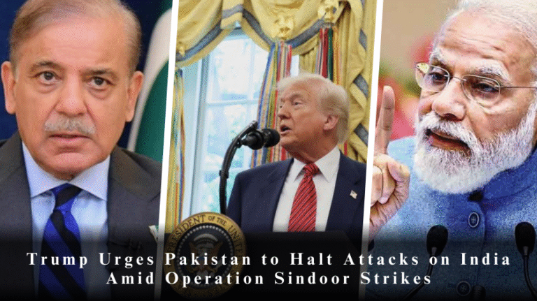 A split image shows three men: the first looks serious, the second is speaking at a podium, and the third gestures with his hand. A headline reads, Trump Urges Pakistan to Halt Attacks on India Amid Operation Sindoor Strikes.