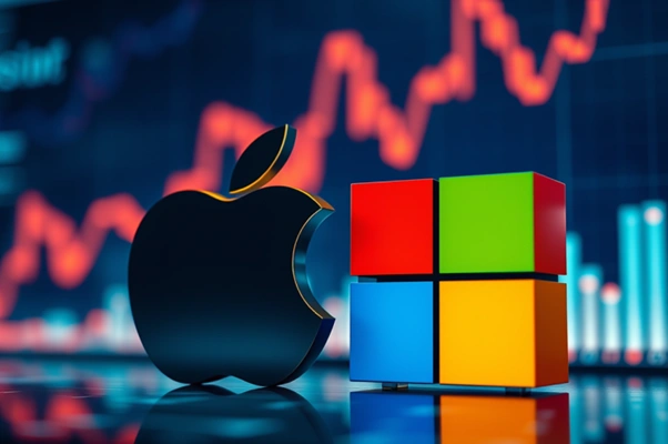 Apple And Microsoft Logos Set Against Falling Market Charts Highlighting Tech Stock Pressure