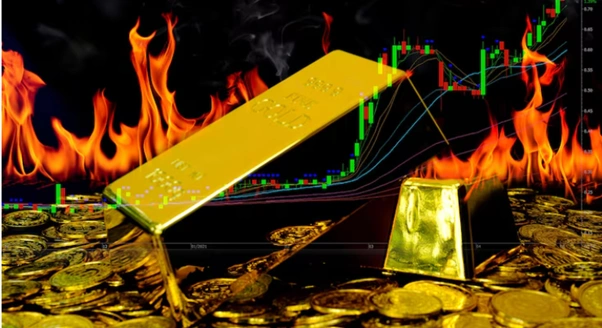 Gold Bullion And Coins Amid Falling Price Charts Symbolising A Sharp Precious Metals Sell Off