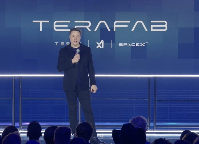 elon musk presenting terafab chip venture with tesla and spacex branding
