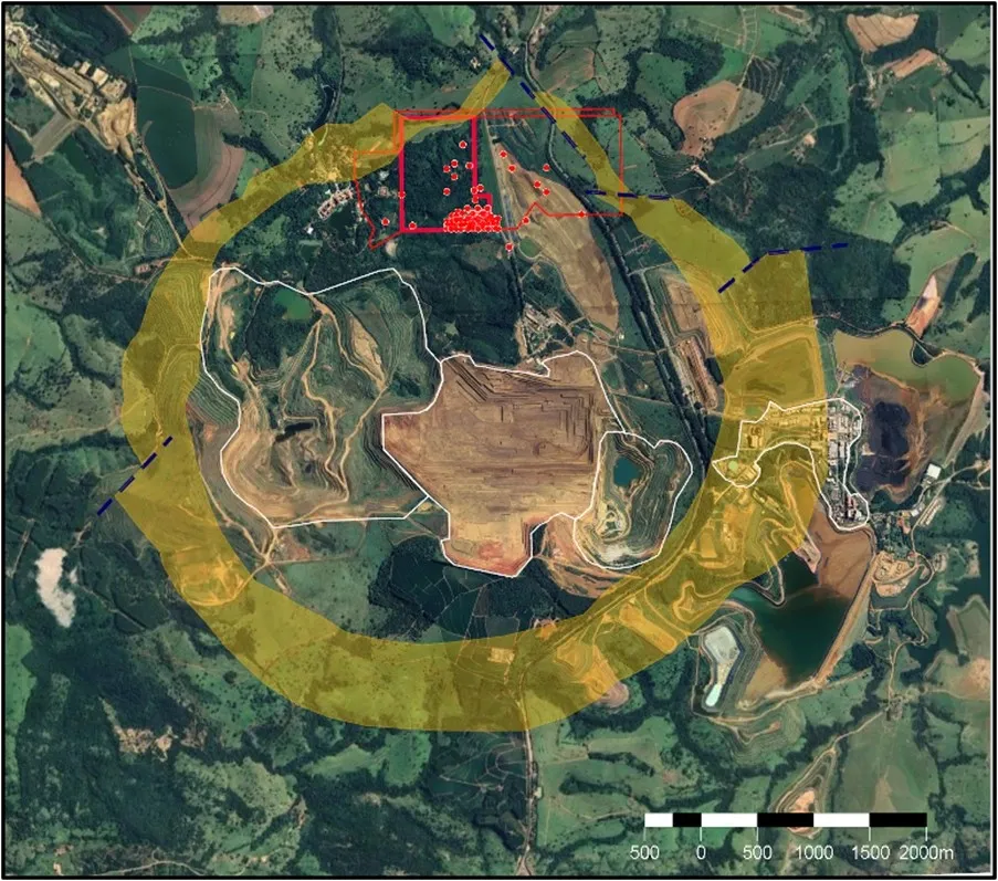 aerial view barreiro carbonatite complex with araxa project marked by red boundary