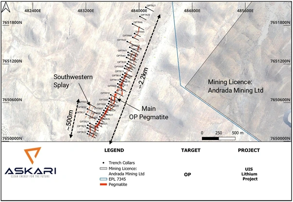 map illustrating the op trenches pegmatites and the spatial distribution of their surface outcrops