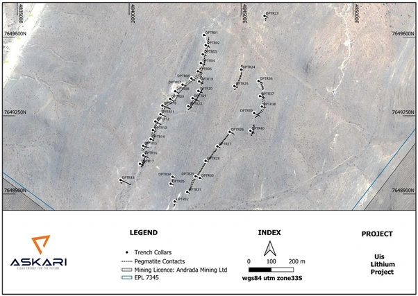 map highlighting the interpreted prospective corridor within epl 7345 along with pegmatite targets