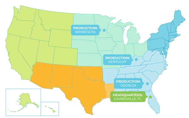 united states map three production facility locations