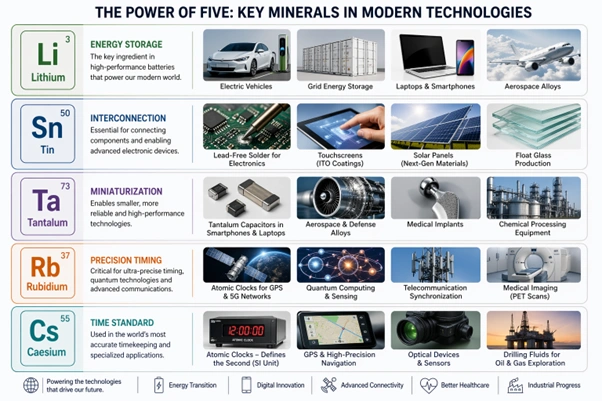 a visual infographic showing the uses of lithium tin tantalum rubidium and caesium in modern technologies