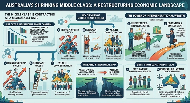 Australia’s shrinking middle class highlighting economic pressure, rising living costs, and changing wealth distribution trends.