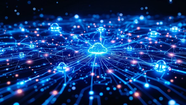 Cloud infrastructure concept illustrating global connectivity networks, digital data flow, and modern technology systems.