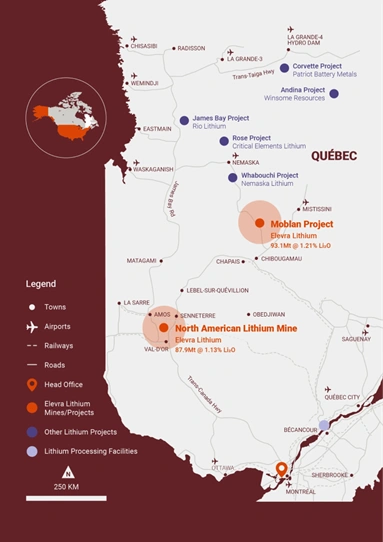 Elevra Lithium’s North American asset base and strategic focus following the Ewoyaa divestment and portfolio transition.