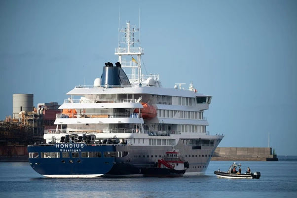 The MV Hondius arrives at Tenerife’s Granadilla de Abona port during an international health evacuation operation on May 10, 2026.