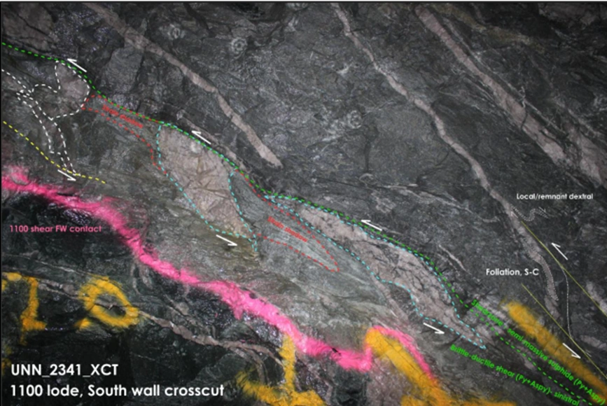 Mapped interpretation of the second ore lode at the United North 2341mRL south wall crosscut highlighting underground mineralisation zones.
