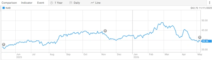 National Australia Bank (ASX: NAB) one-year share price performance showing stock market trends and investor activity.