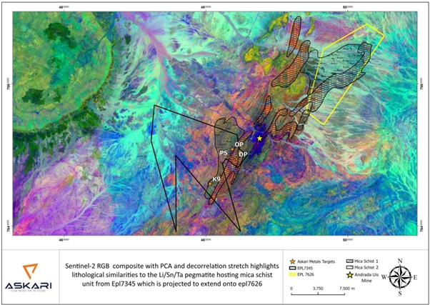 Sentinel-2 RGB composite imagery enhanced with PCA and decorrelation stretch techniques for geological and mineral exploration analysis.