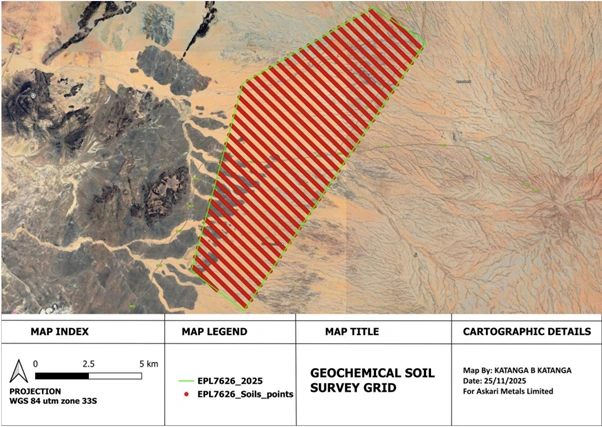 Map outlining the soil sampling program conducted across a 400m by 40m grid spacing for exploration and geochemical analysis.