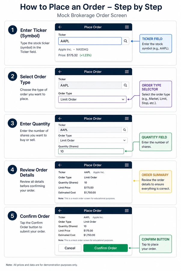 step-by-step screenshot diagram of a mock brokerage order screen showing how to place a buy or sell trade through an online investing platform