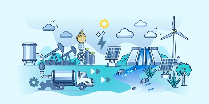 energy sector transition illustration featuring traditional oil production alongside renewable energy sources during changing market conditions and investment trends