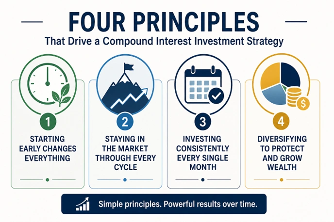 four key principles of compound interest investing include starting early staying invested contributing consistently and diversifying to build long-term wealth growth