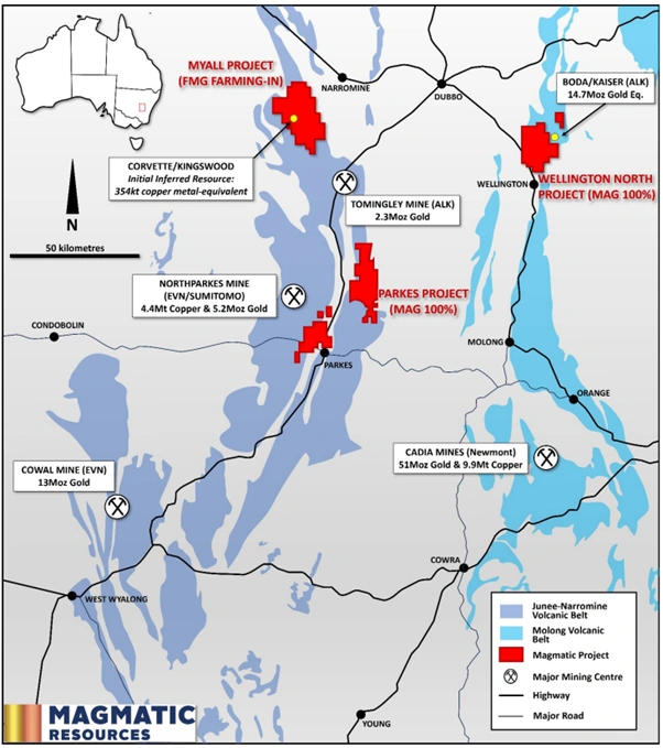 map showing nsw projects and the location of the myall fjva project highlighting exploration areas and regional positioning