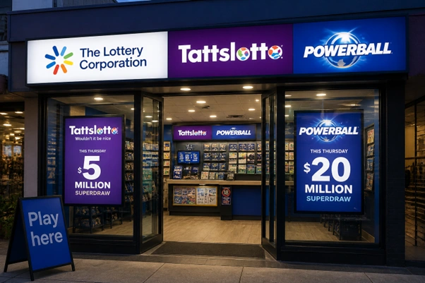 victorian lottery retail outlet showing tattslotto and powerball branding operated by the lottery corporation in australia