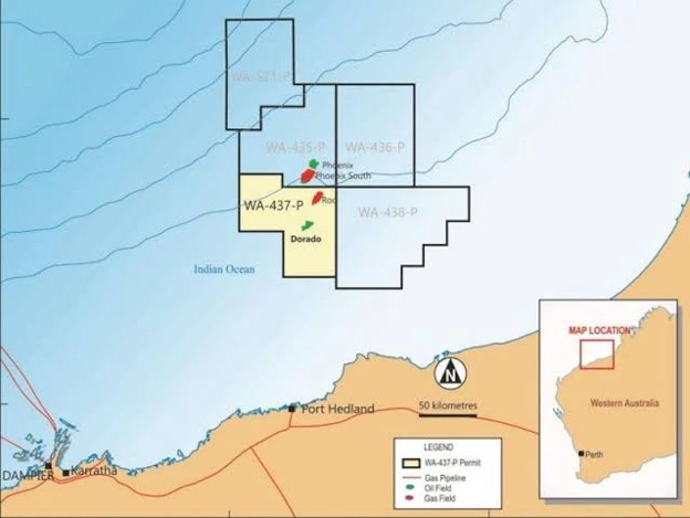 Location map of the Dorado Oil Field showing its offshore position, project area, and surrounding energy infrastructure.
