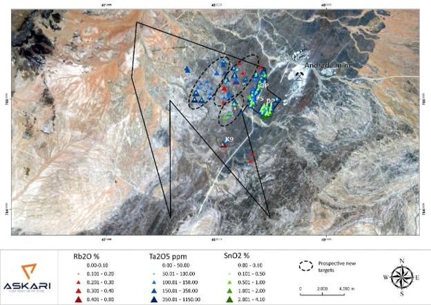 Map showing the interpreted corridor of interest on EPL 7345, highlighting pegmatite targets DP, OP, PS, and K9 that were trenched during the Phase 1 exploration programme.
