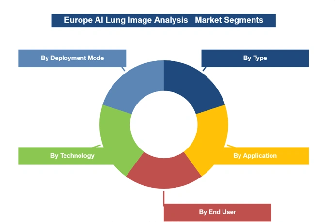 European AI lung image analysis market segmentation by deployment mode, technology, application, end user, and product type.