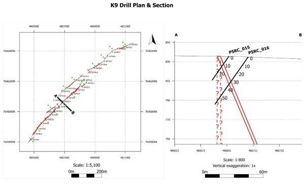 K9 drill plan and section view showing planned RC drill holes and modelled pegmatite wireframes based on trench intercept data.