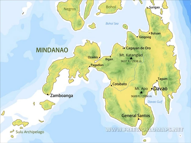 Map of the Mindanao region in the southern Philippines, showing major cities, coastlines, and surrounding seas.