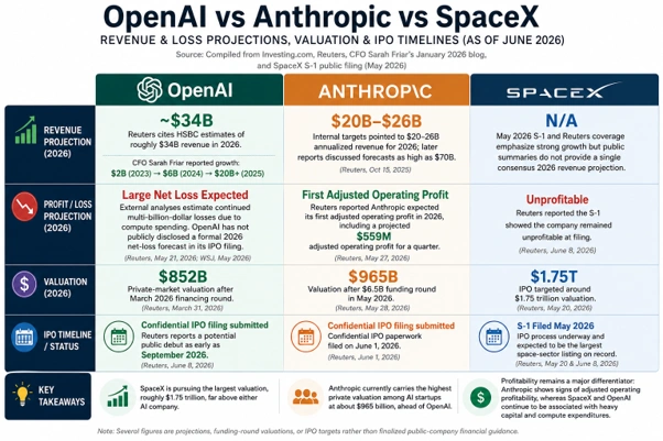 Comparison of OpenAI, Anthropic, and SpaceX as they reportedly move toward potential public listings in 2026, highlighting their contrasting financial profiles, revenue models, and growth trajectories.