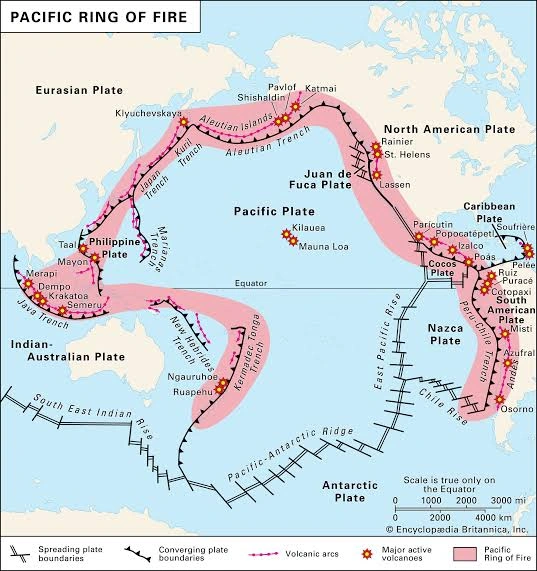 Map illustrating the boundaries of the Pacific Ring of Fire, highlighting major tectonic plate boundaries, volcanoes, and earthquake zones around the Pacific Ocean.