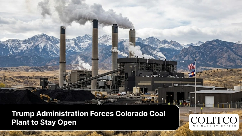 Coal-fired power plant in Colorado continuing operations following an order by the Trump administration, showing cooling towers, smokestacks, electricity generation infrastructure, and transmission lines. The image represents government intervention to maintain grid reliability, preserve power generation capacity, and extend the operation of an existing coal-fired facility.