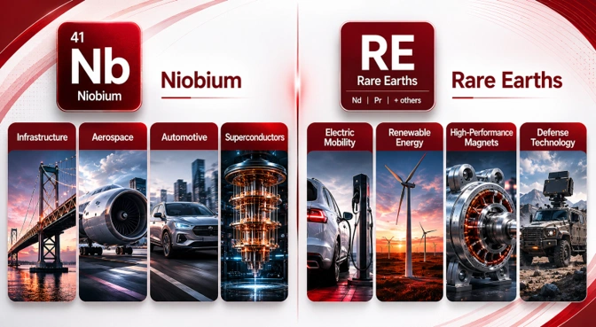 Infographic highlighting the industrial, technological, energy, automotive, aerospace, and electronics applications of niobium and rare earth elements.