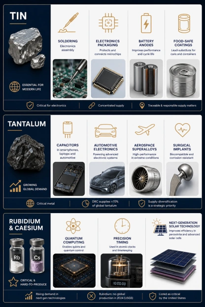 Infographic highlighting the industrial, technology, energy storage, electronics, aerospace, telecommunications, and specialty applications of tin, tantalum, rubidium, and caesium.