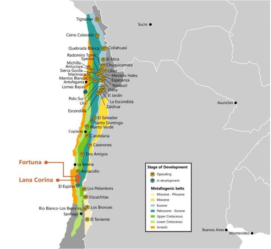 Location of Culpeo Minerals' Fortuna and Lana Corina Projects on the map of Chile