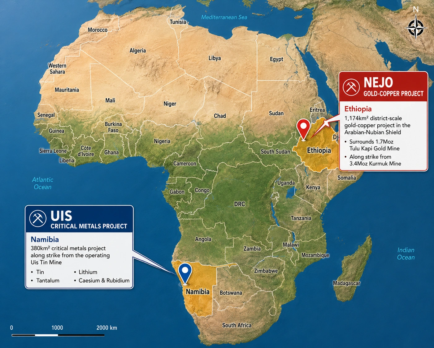 Nejo Gold-Copper Project in Ethiopia and the Uis Project in Namibia on a map of Africa
