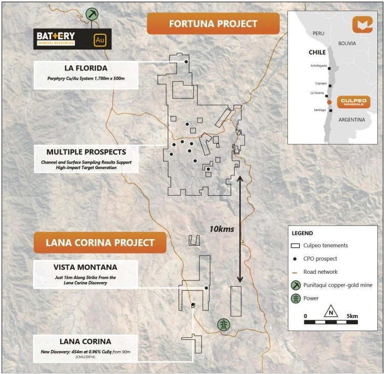 Location map showing the Lana Corina and Fortuna projects in Chile