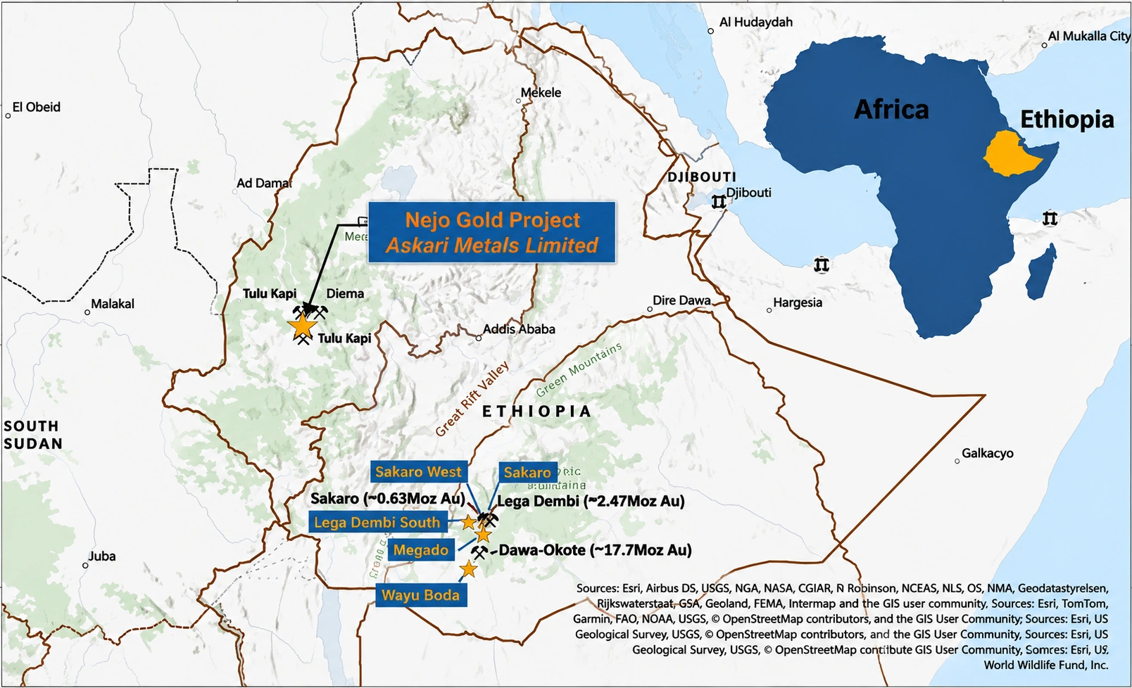 Map showing the location of Askari Metals' Nejo Gold Project relative to Ethiopia's major gold deposits.