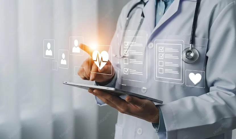 Representation of a doctor reviewing digital patient data
